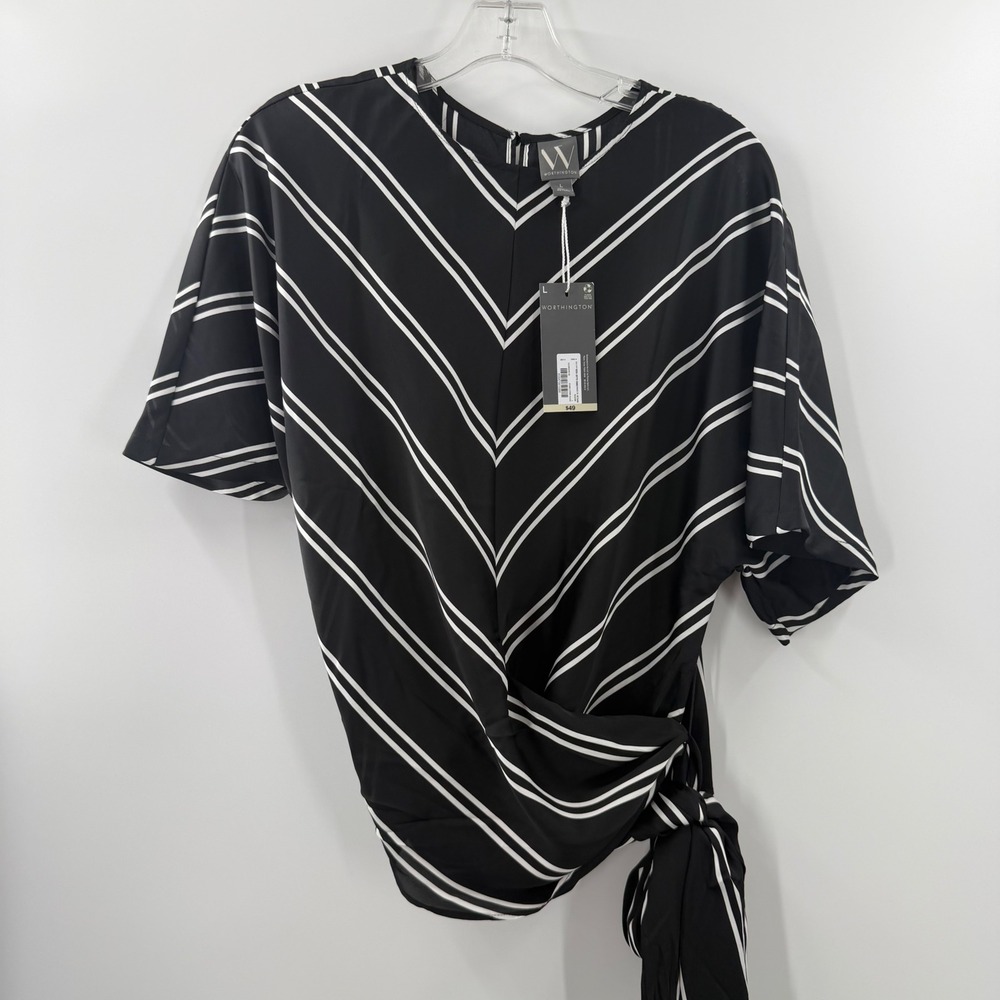 Worthington Womens Large Black White Striped Wrap Side Tie Blouse NWT New